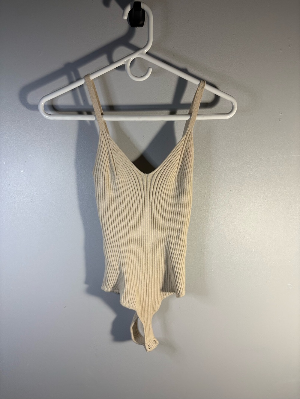 Fashion Nova Cream Ribbed V-Neck Bodysuit with Adjustable Straps